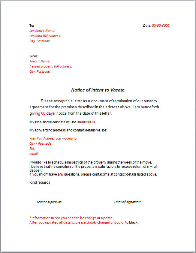 Sample Notice Letter to Landlord