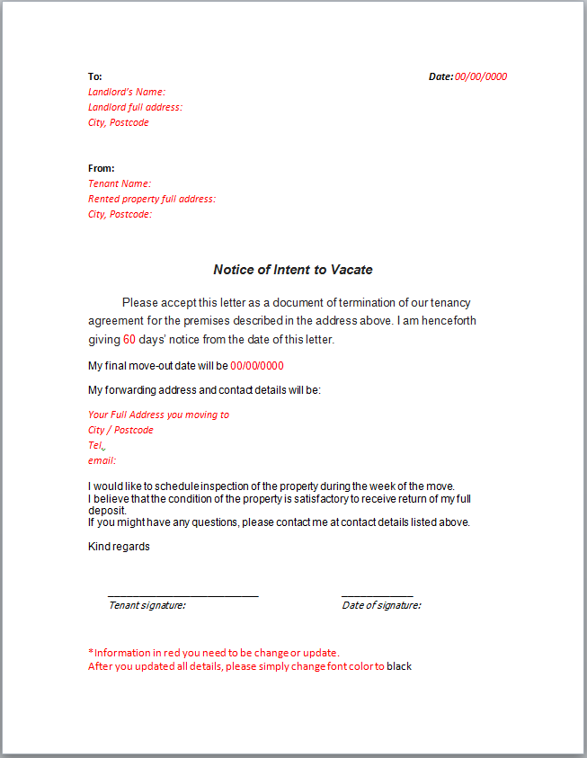 Notice Letter To Landlord Notice If Intent To Vacate